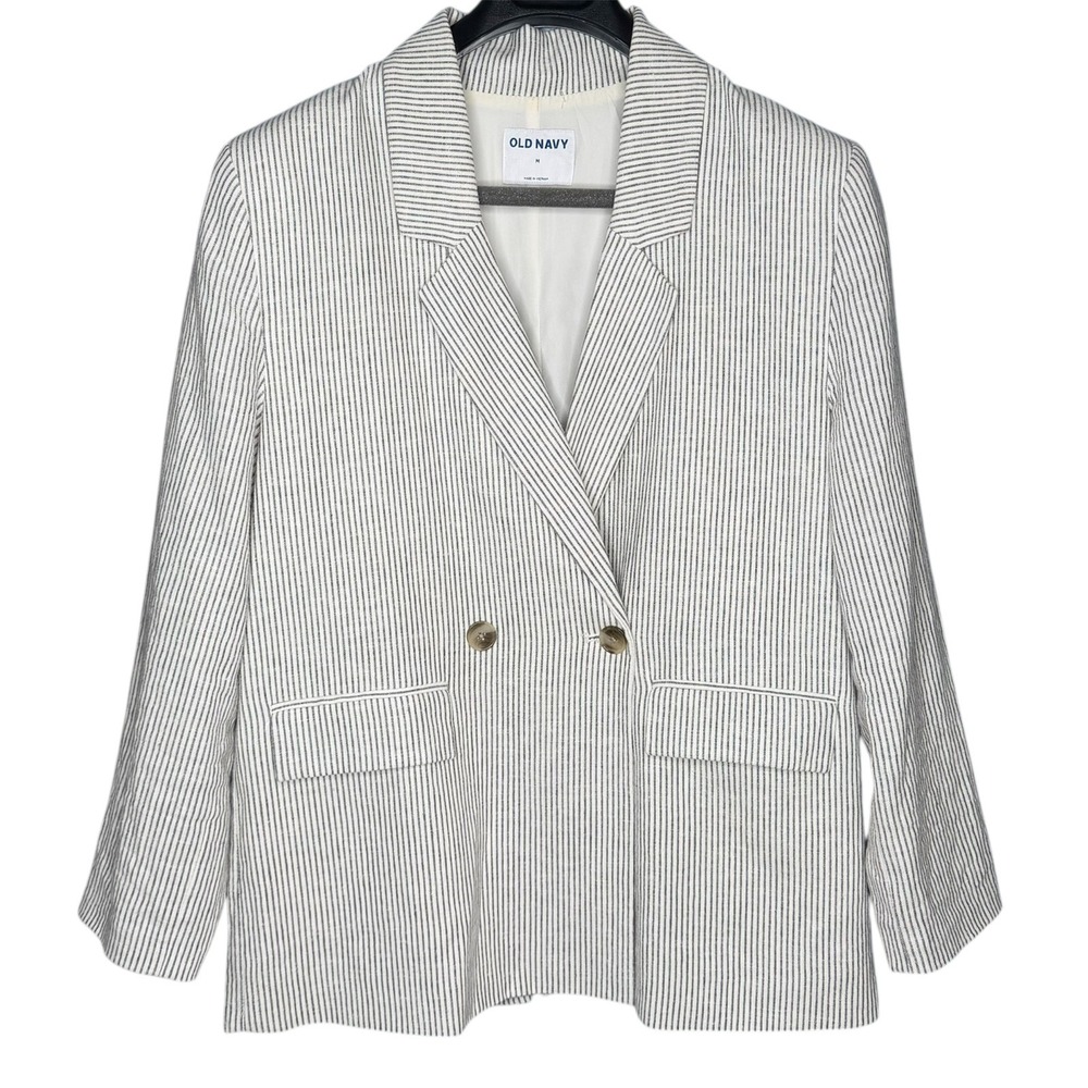 Old Navy Women M Double Breasted Blazer Linen Blend Stripe Preppy Shoulder Pads